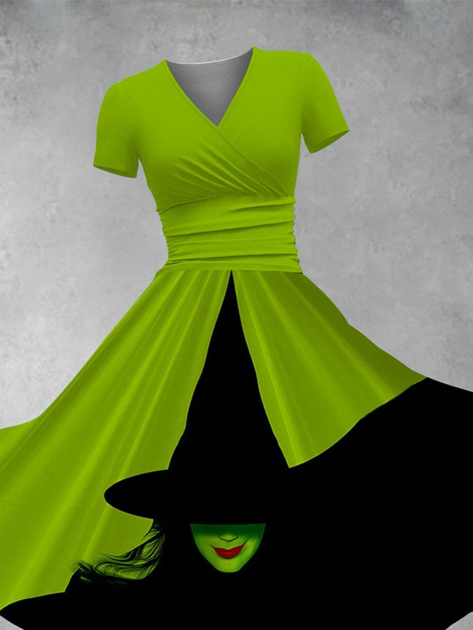 🔥Buy 3 Get 10% Off🔥V Neck Retro Halloween Witch Print Maxi Dress