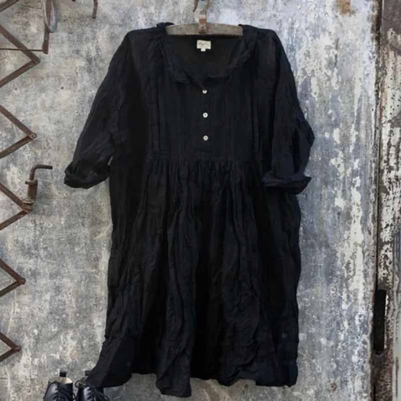 Solid Button Neck Loose Swing Mini Dress