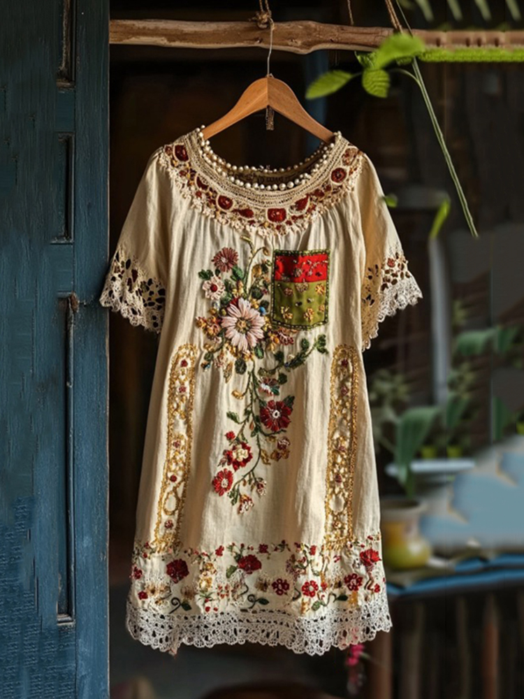 Women's Vintage Embroidered Floral Lace Midi Dress