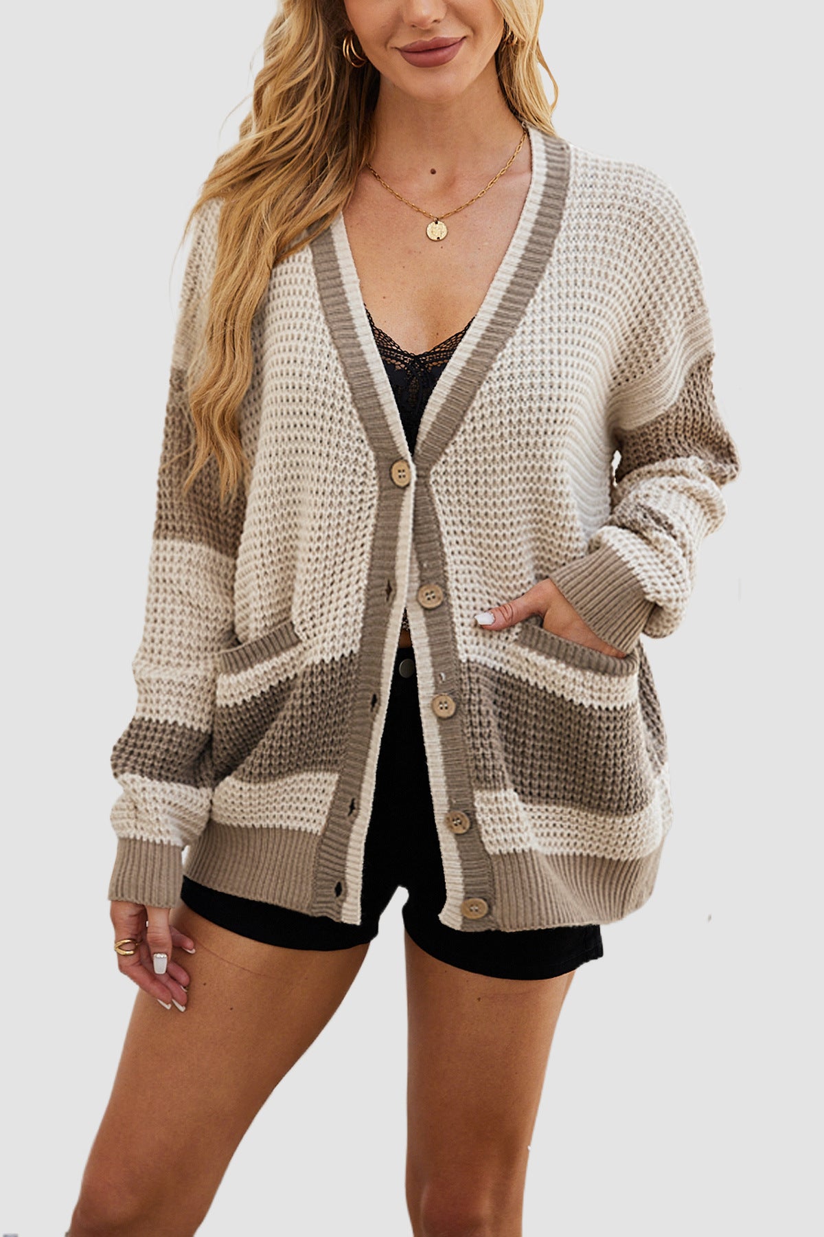Plus Size Knitted Coat with Pockets – Color Matching Cardigan Sweater