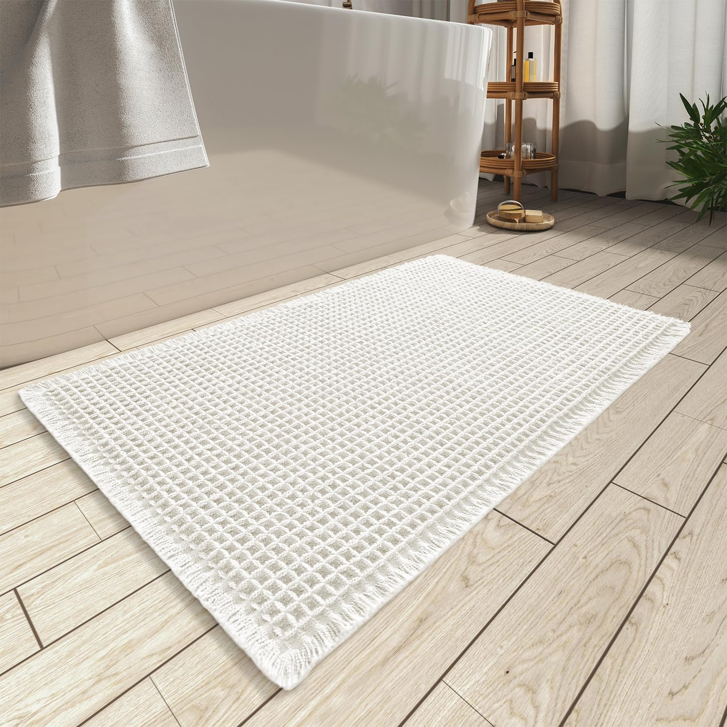 Upgraded Waffle Bath Mat, Machine Washable Bathroom Rugs with Tassels, Rubber Backed Bathroom Mats, Ultra Soft