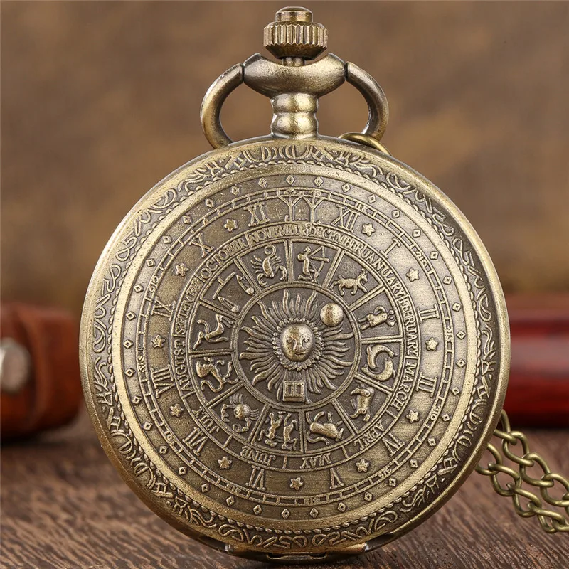Bronze Engraved Constellation Full Hunter Antique Quartz Pocket Watch for Men Women Necklace Pendant Chain Collectable Timepiece