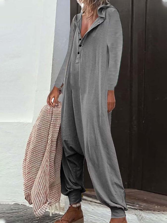 New Fashion Button Connecting Hooded Side Bag Long -Sleeved Long Pants Pants Female