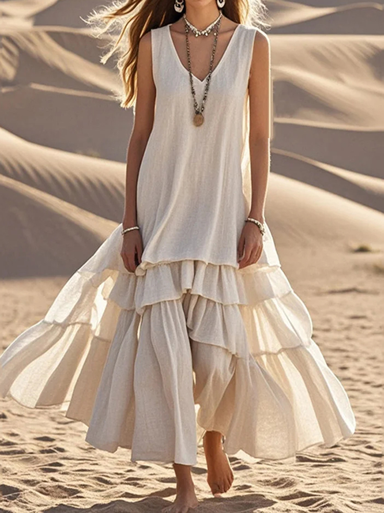 Women's White Exra Large Hem Cotton Sleeveless Spring Maxi Dress