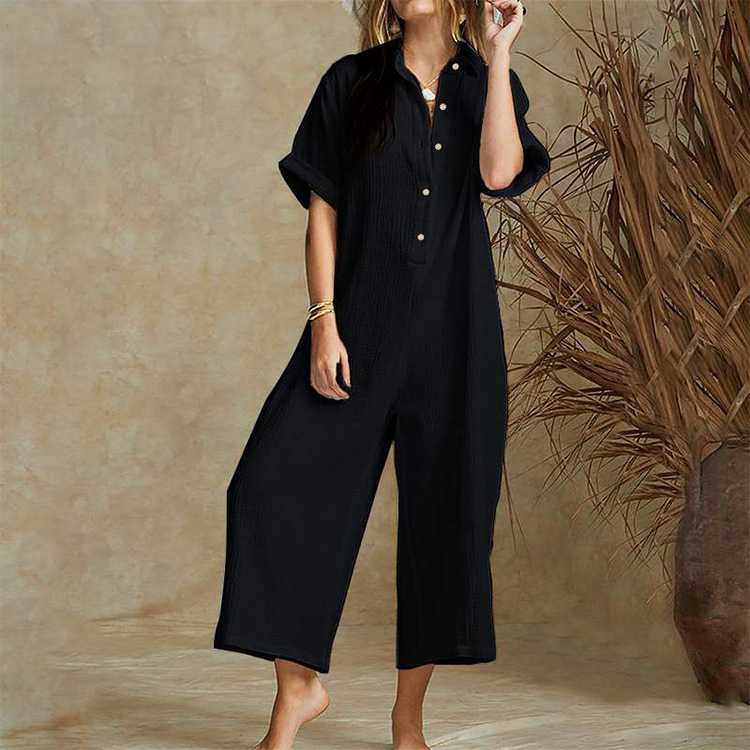 Casual Loose Short Sleeved Wide Leg Jumpsuit