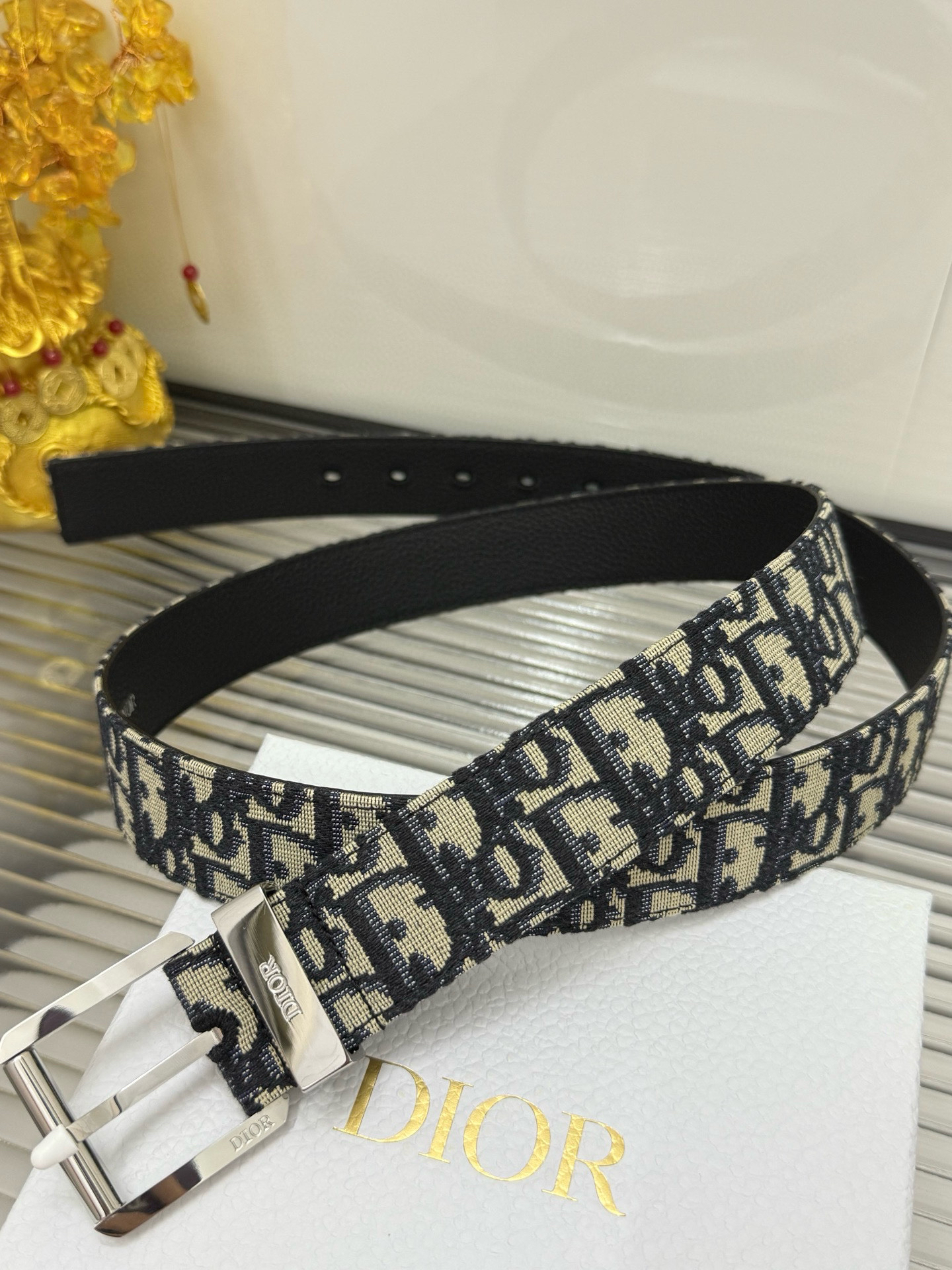 Dior pin buckle canvas leather belt 3.5CM wide
