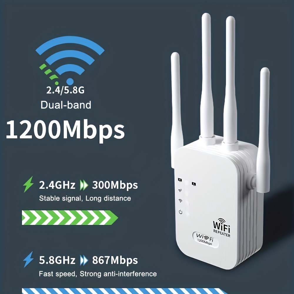 WiFi Extender, WiFi Booster 6X Stronger 1200Mbps WiFi 2.4&5GHz Dual Band(8000sq.ft), WiFi Signal Strong Penetrability 35 Devices 4 Modes 1-Tap Setup, 4 Antennas 360° Full Coverage, Supports Ethernet Port