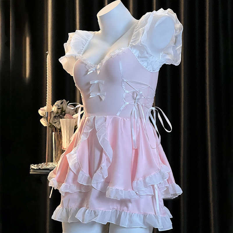 See-through Backless Bow Lace-up Lingerie Dress