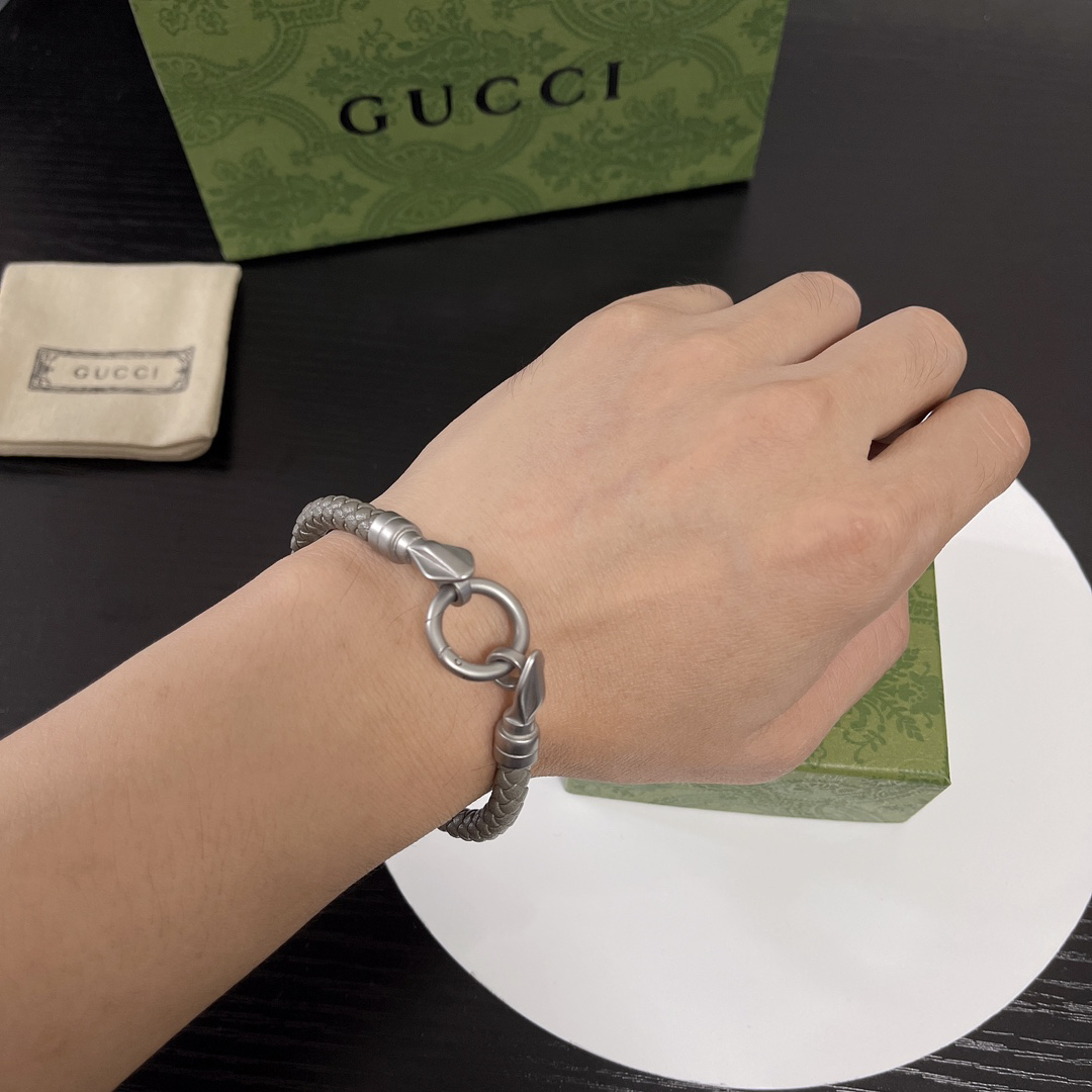 Gucci Grey Braided Leather Bracelet