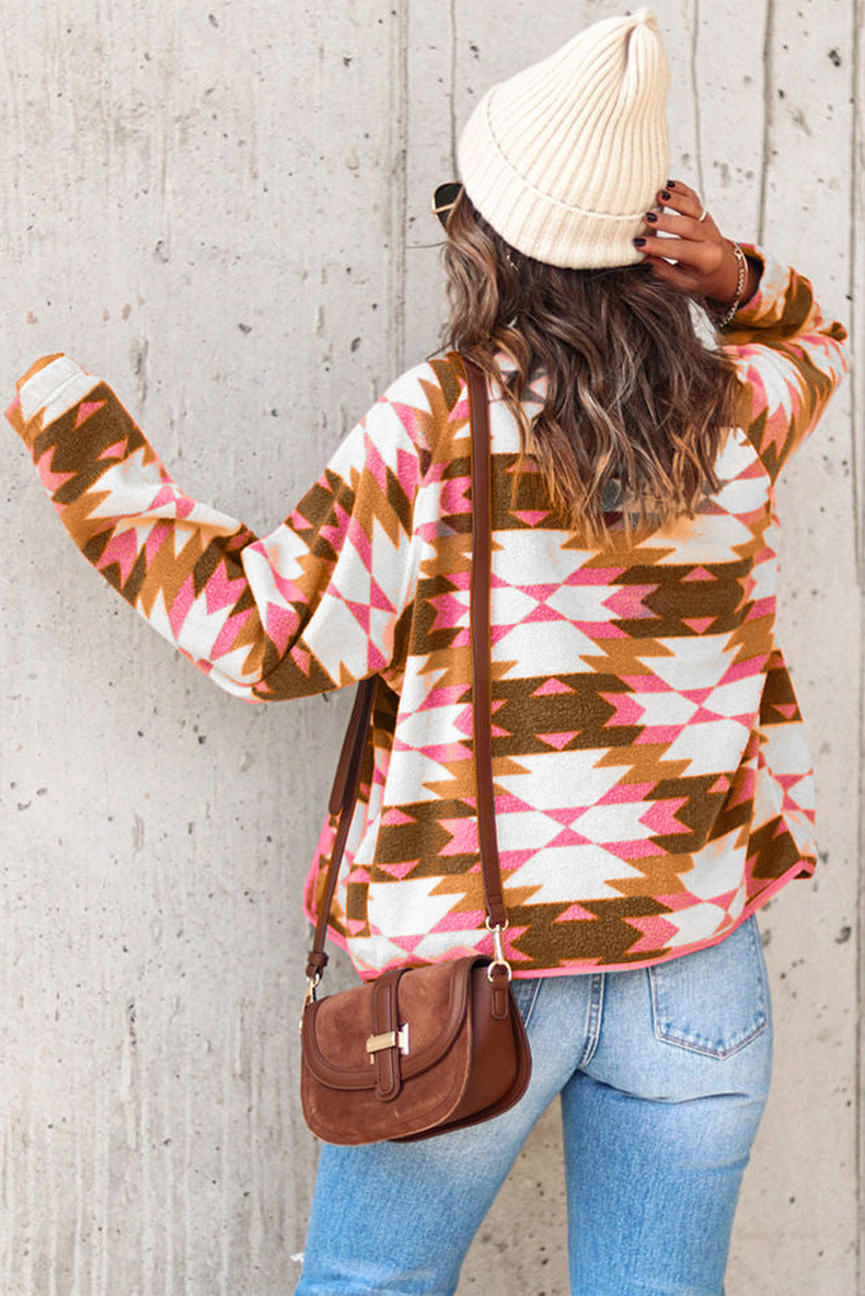 Women's Fleece Jacket with Western Style Color Matching
