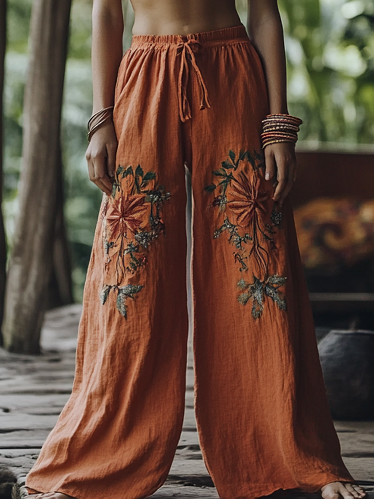Bohemian Holiday Style Retro Linen Floral Ethnic Totem Print Linen Long Loose Wide-leg Pants