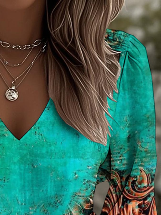 Women's Casual Retro Western Contrast Color Puff Sleeve Shirt