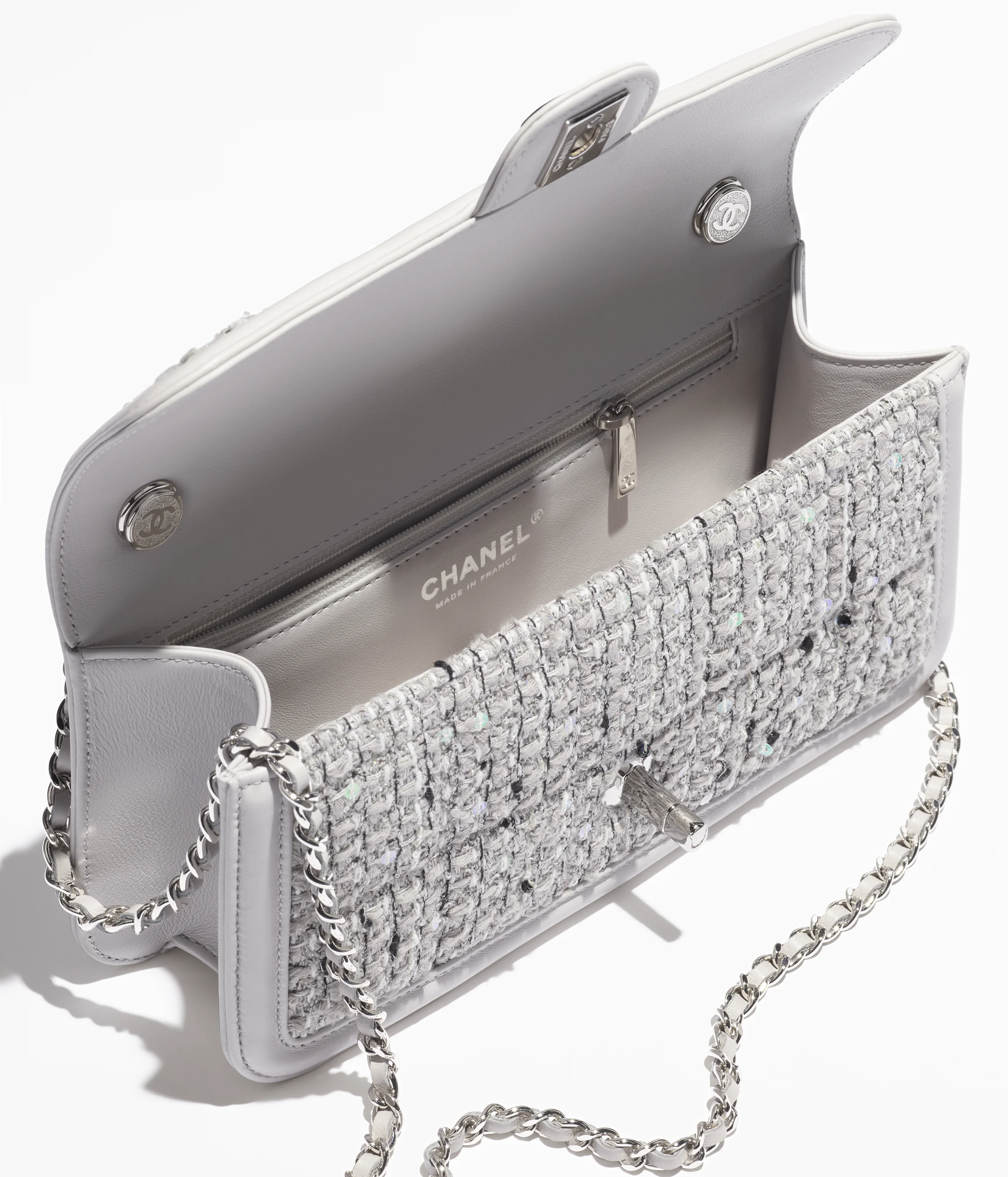 Chanel Small Flap Bag Tweed, Lambskin & Silver-Tone Metal Light Gray, White & Black AS5234-B19140-NACWN
