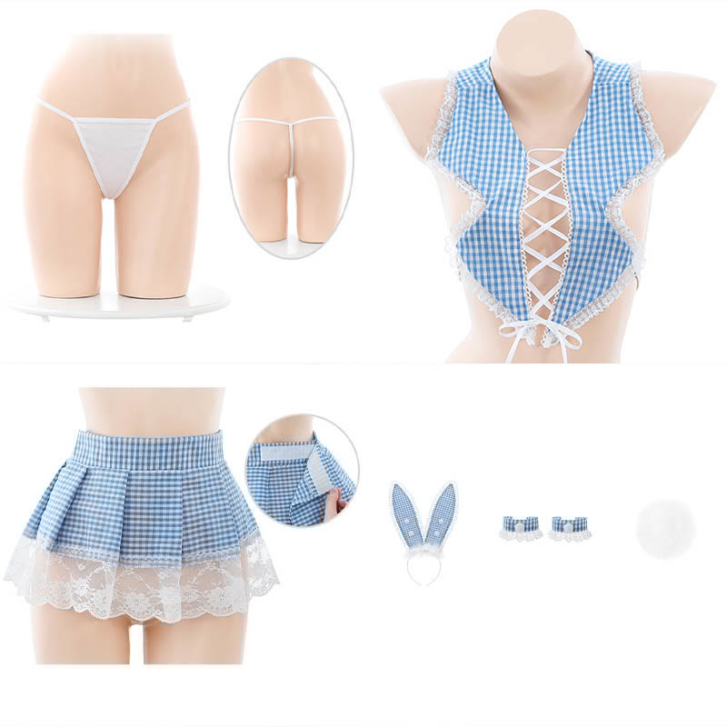 Cosplay Rabbit Lattice Print Top Short Skirt Lingerie Set