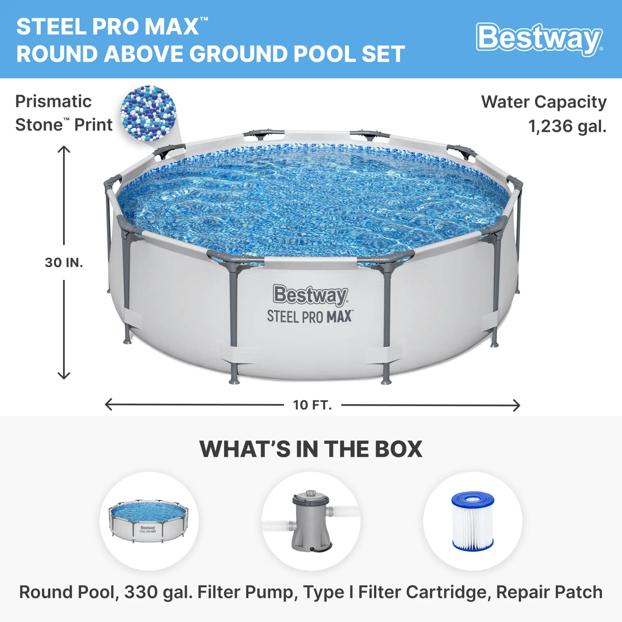 Bestway Steel Pro MAX Round Above Ground Outdoor Swimming Pool with Pump 30-42 Inch Deep