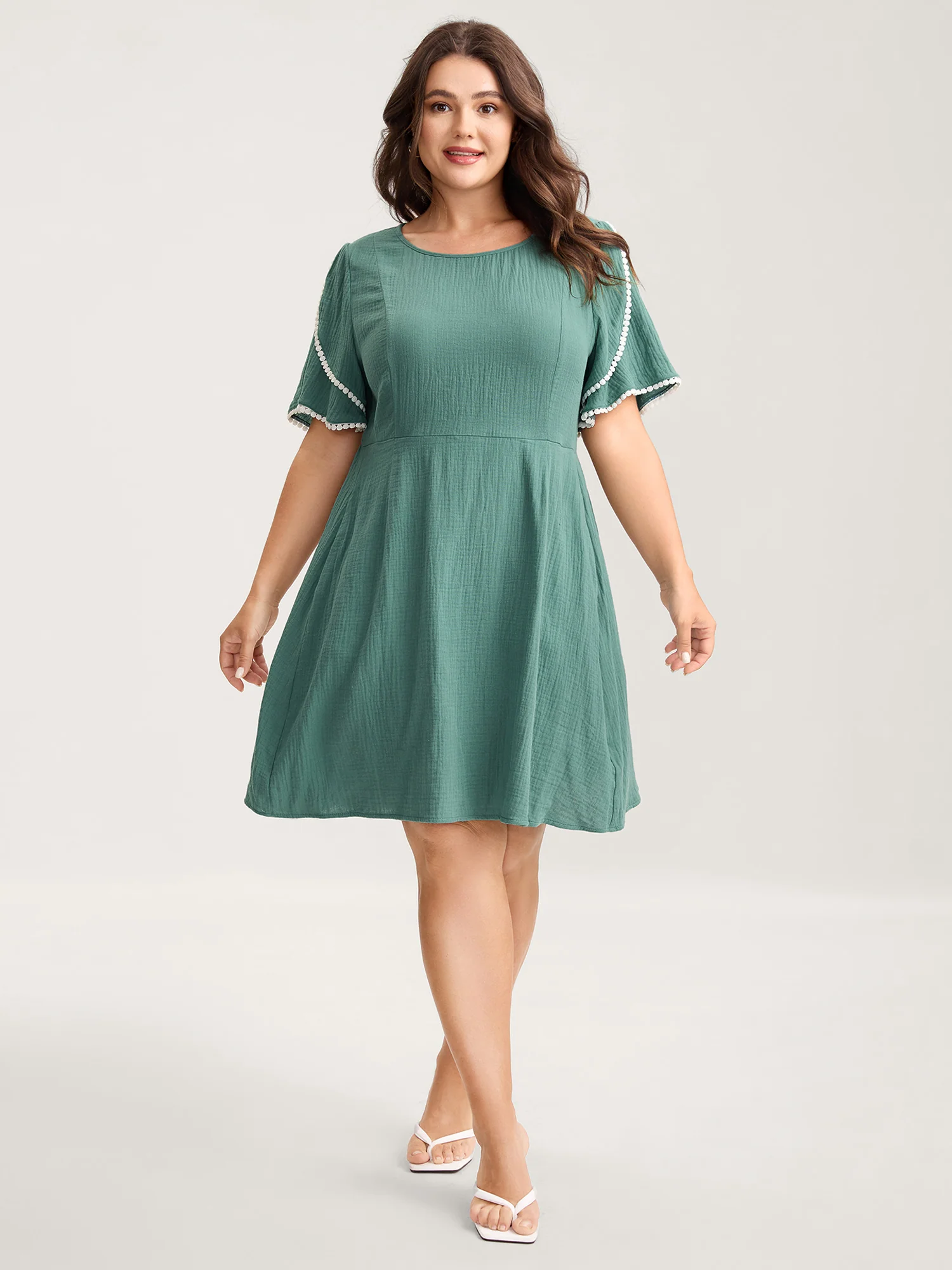 Pure Cotton Textured Lace Trim Midi Dress