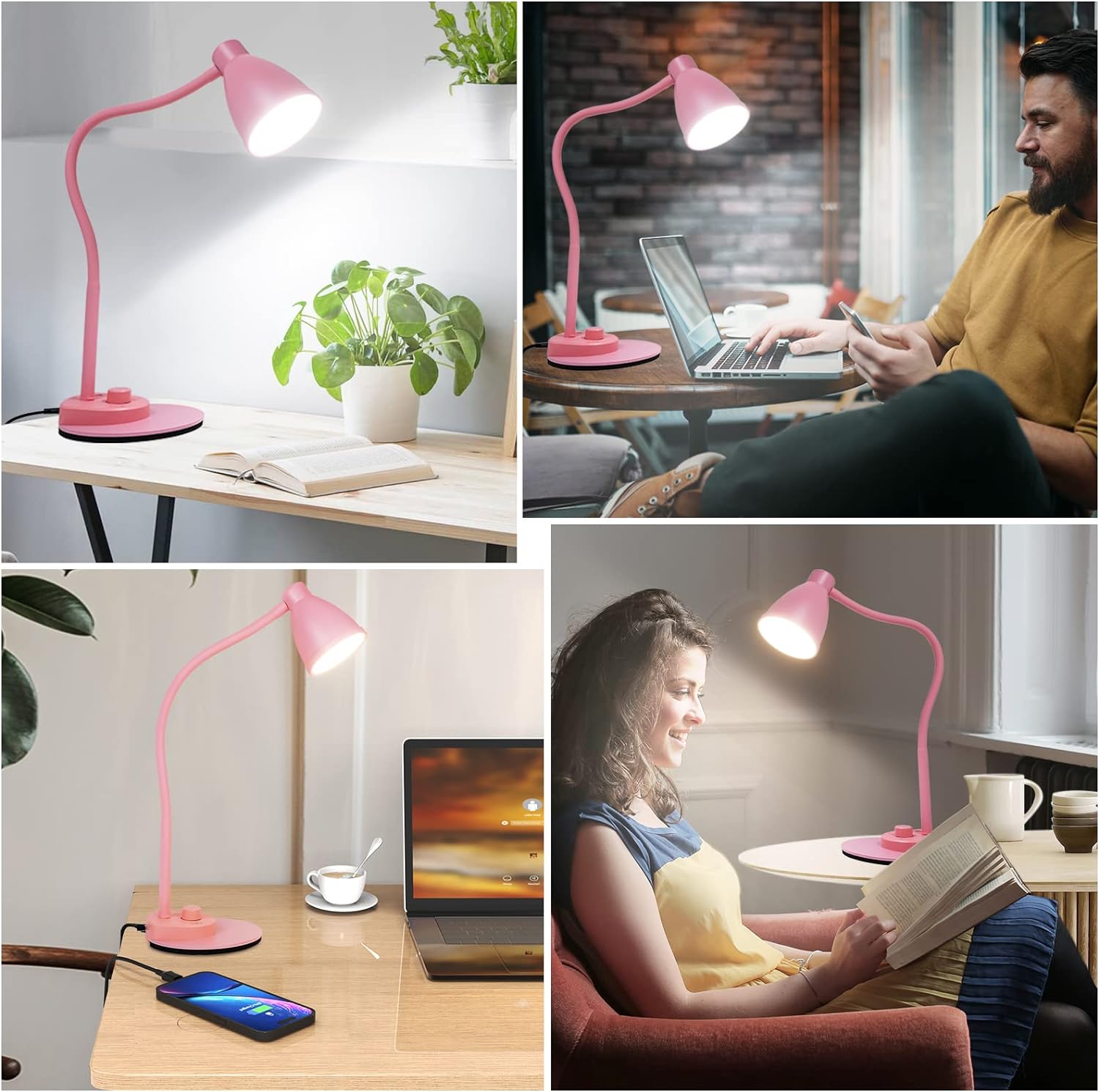 BOHON LED Desk Lamp with USB Charging Port 3 Color Modes Dimmable Reading Light Intelligent Induction Auto Dimming Task Lamp Flexible Gooseneck Table Lamp for Bedside Office, AC Adapter Include