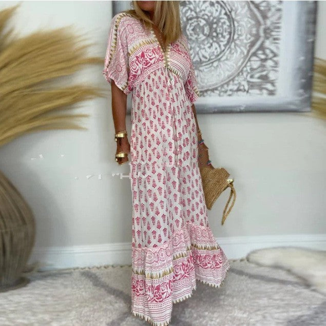Women's V-Neck Drawstring Dress with Slimming Fit and Floral Print Design
