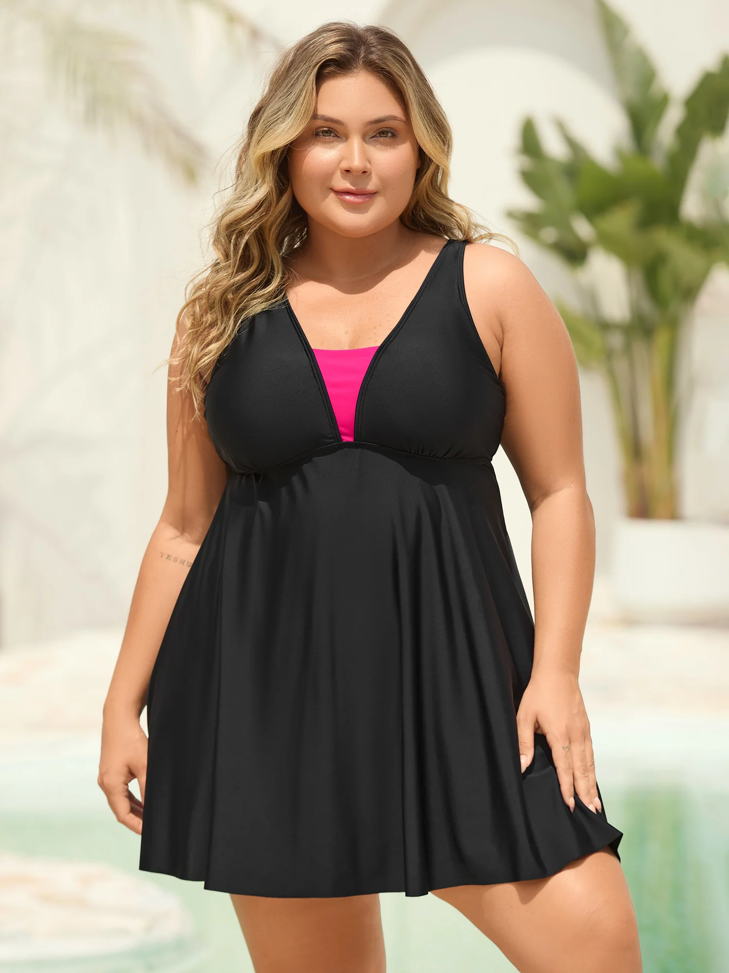 V Neck Color Contrast Swim Dress