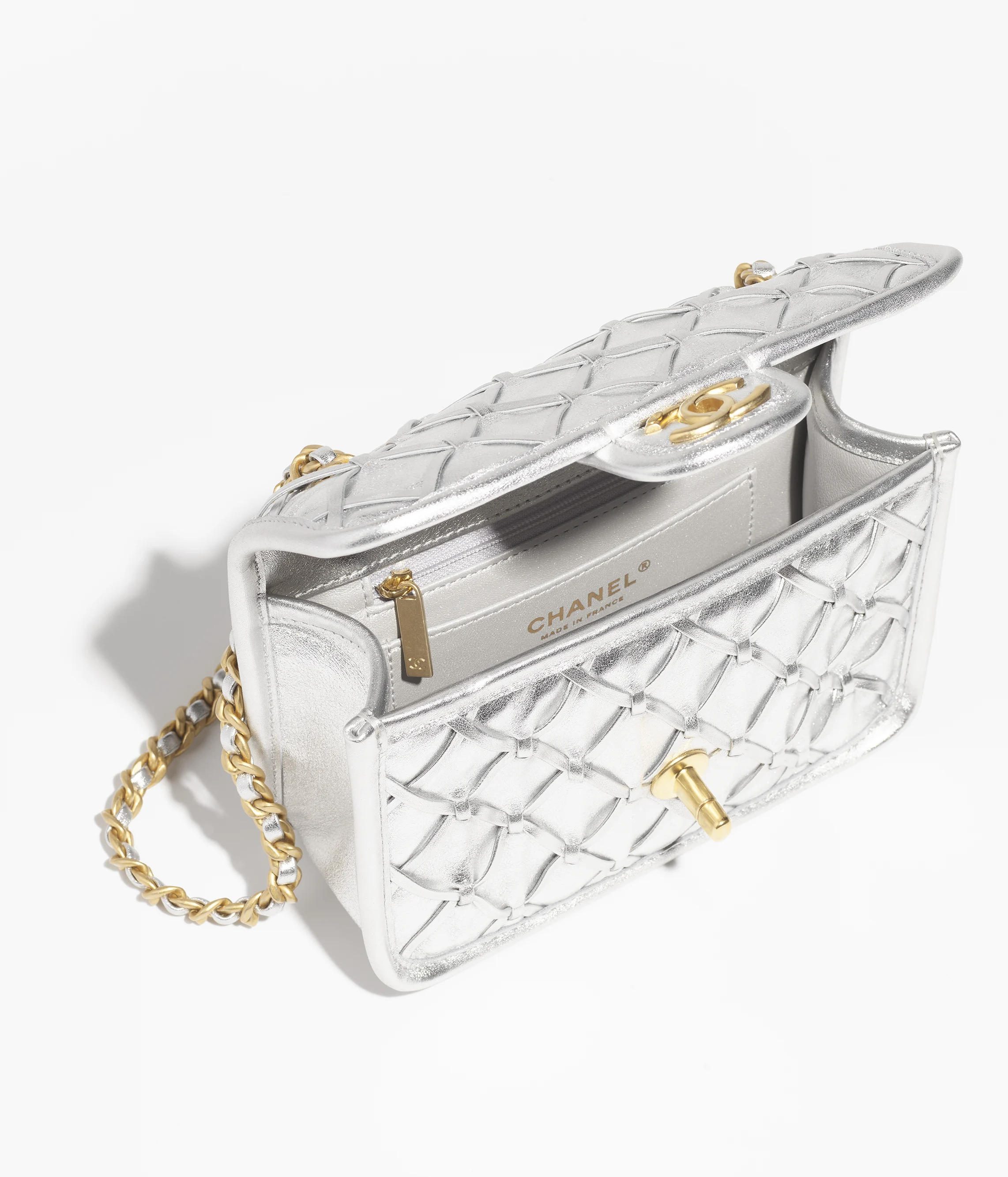 Chanel Mini Flap Bag Metallized Braided Calfskin & Gold-Tone Metal Silvery AS4797-B20071-NL673