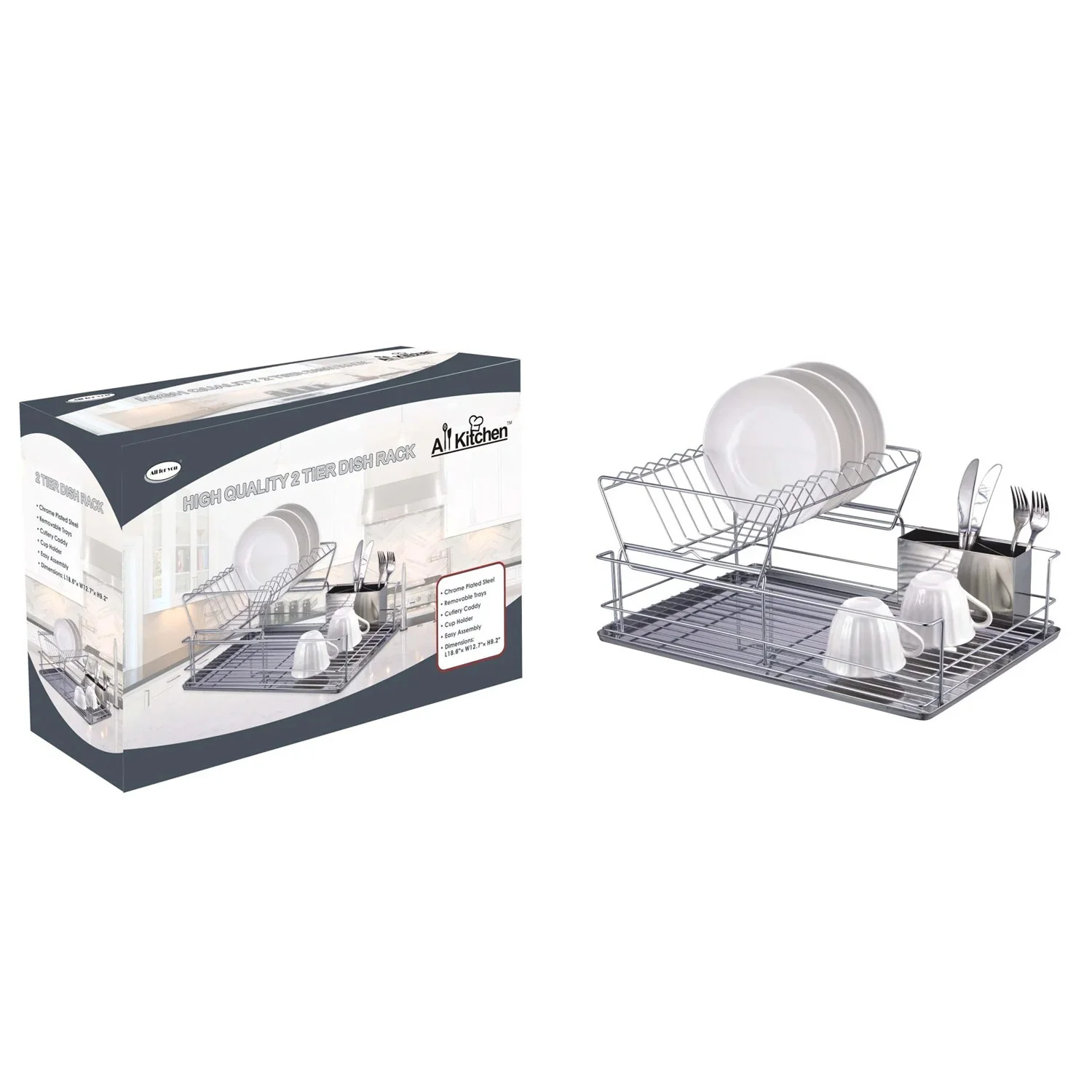 2-Tier Chrome Plated Steel Dish Rack with Removable Trays