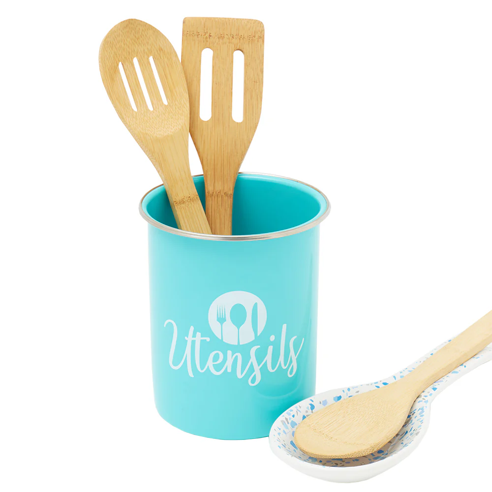 Home Basics Utensils Cutlery Holder with Steel Rim, Turquoise, 5x6 Inches