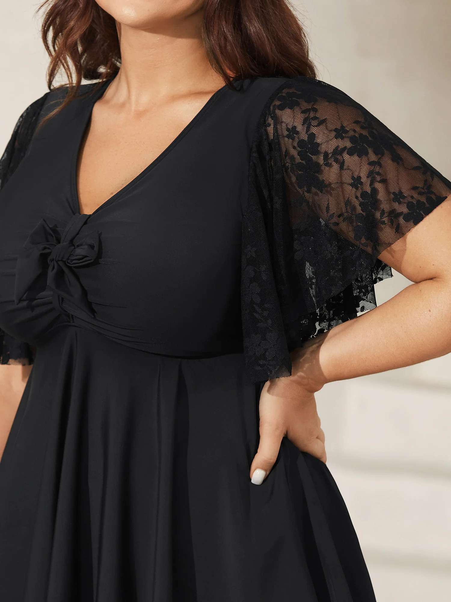 Knotted Lace Sheer Sleeve Swim Top