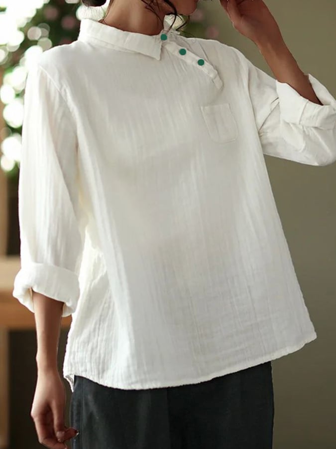 Solid Loose Diagonal Button Double Layer Cotton Long Sleeved Shirt