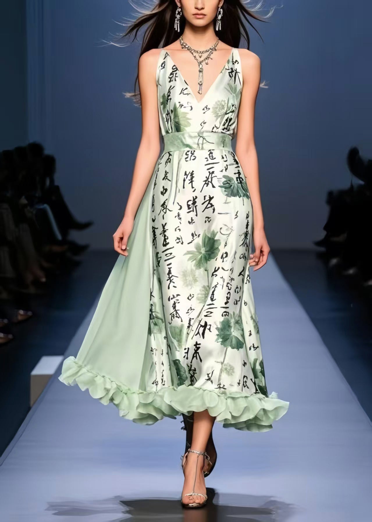 Bohemian Light Green Print Exra Large Hem Silk Cami Dresses Sleeveless