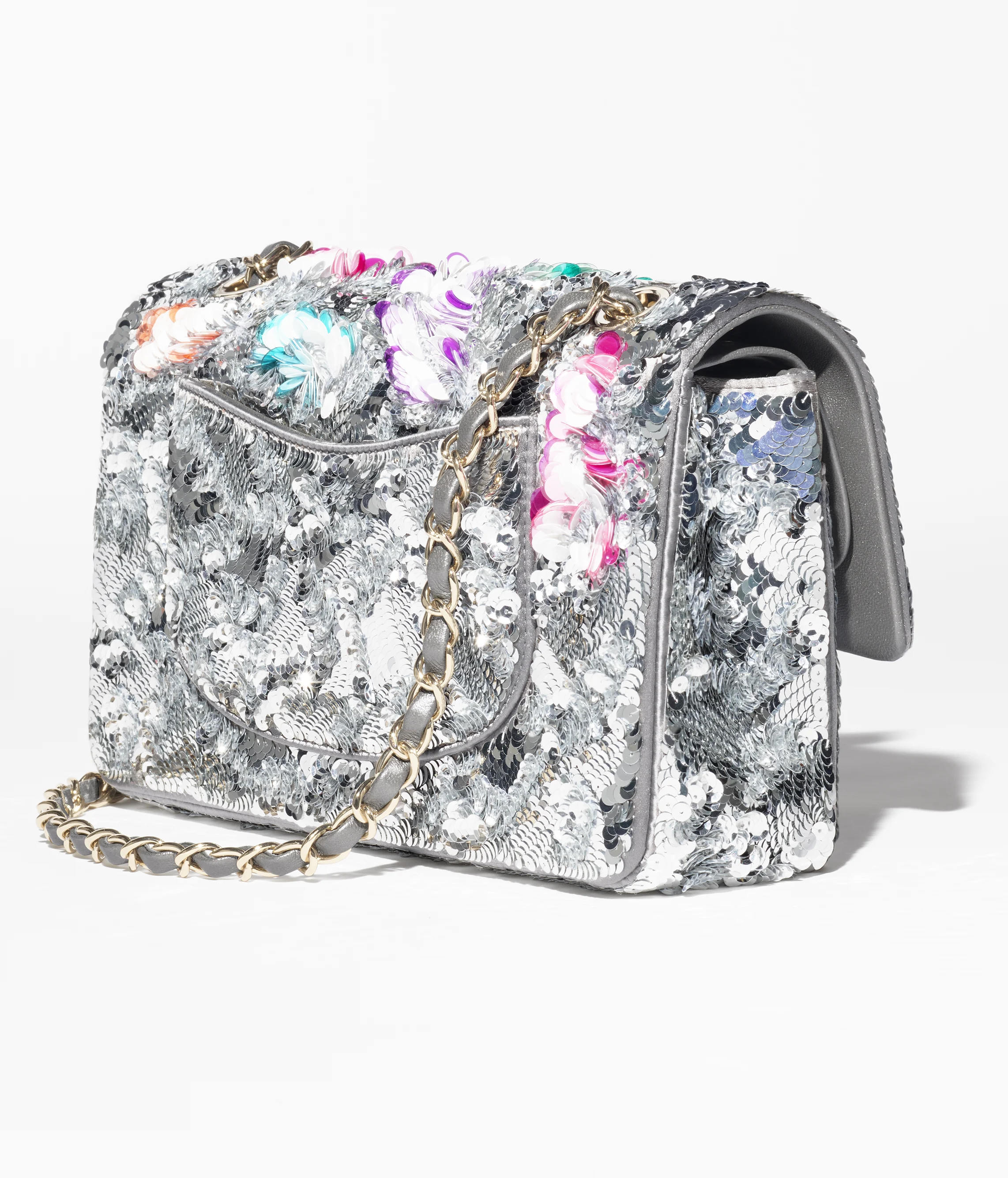 Chanel Classic 11.12 Handbag Embroidered Satin, Sequins, Glass Pearls and Silver Metal Multicolor A01112-B20590-U0971