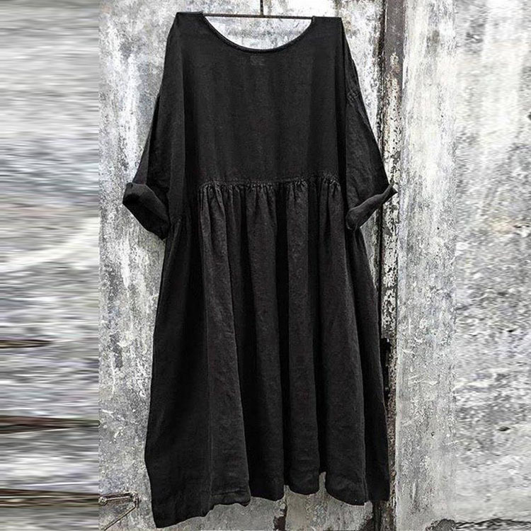 Casual Pleat Round Neck Midi Dress