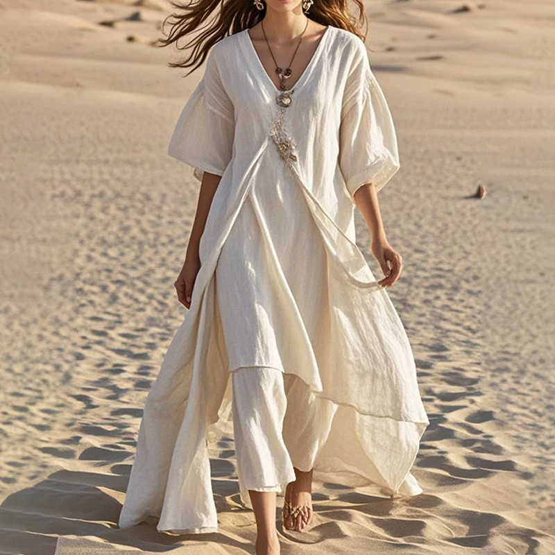 Women's Bracelet Sleeve Cotton Linen Spring Maxi Dress