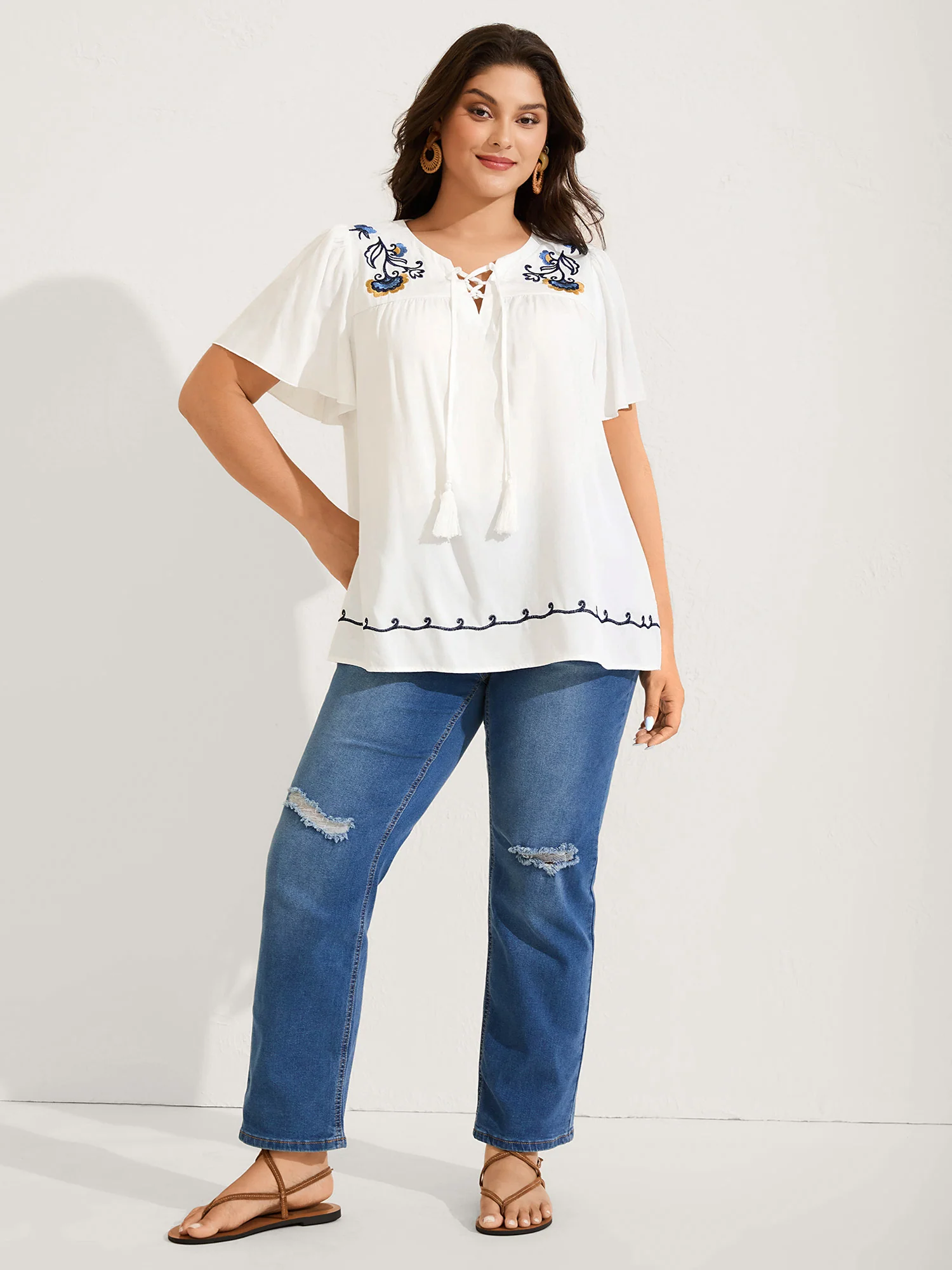 Floral Embroidered Cross-Tie Neck Blouse