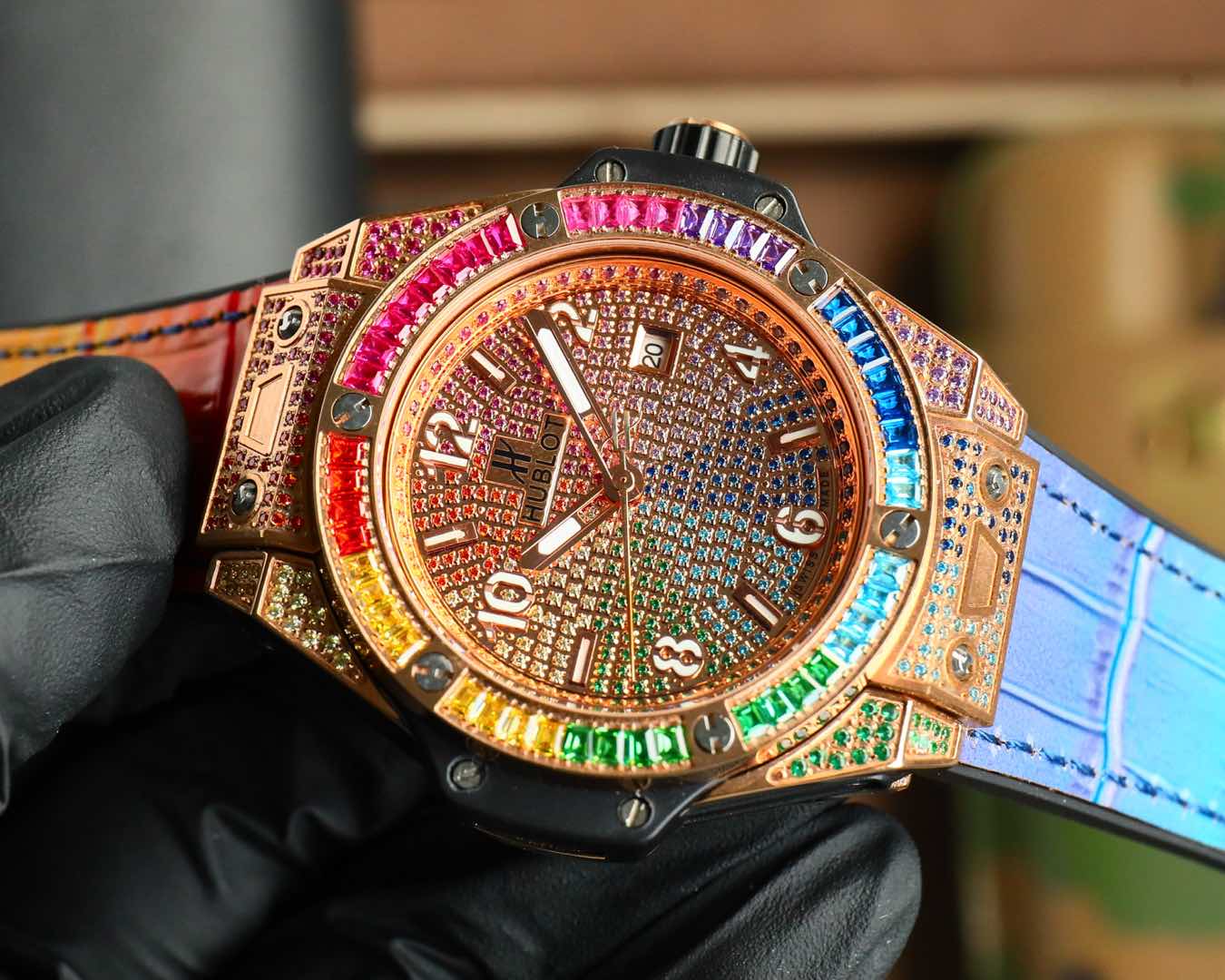 Hublot Big Bang stainless steel rainbow diamond watch