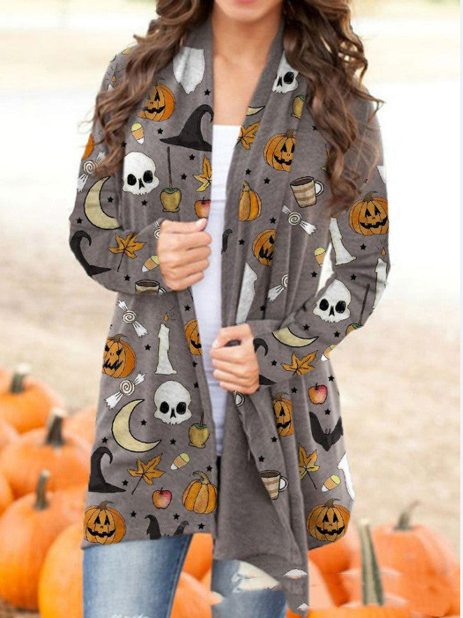 Halloween-Themed Digital Print Casual Cardigan Jacket for Women