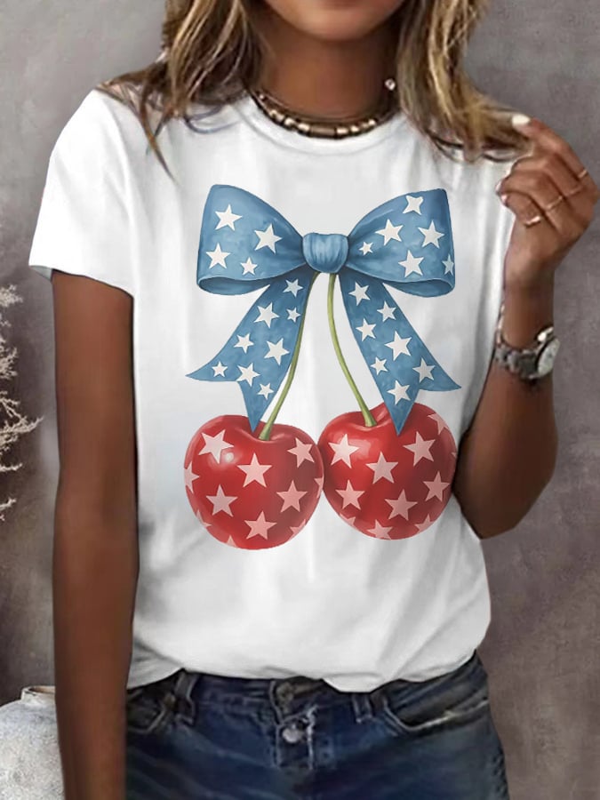 Women's Retro Cherry Bow Patriotic 4th Of July Print T-Shirt