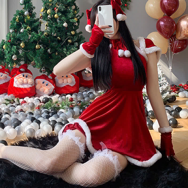 Bow Knot Ruffled Halter Christmas Dress Lingerie