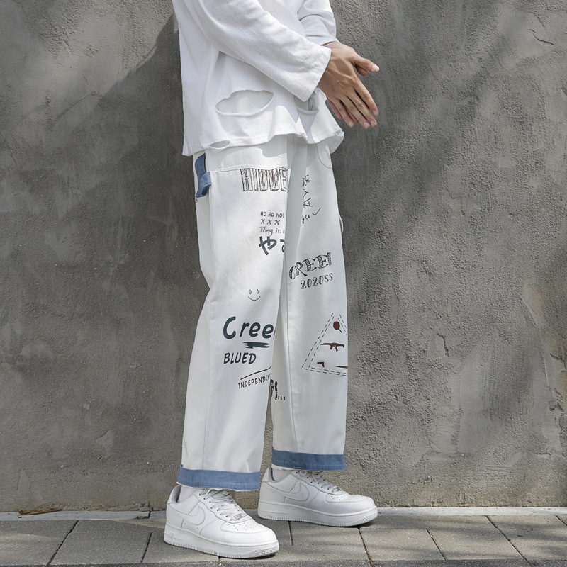 Autumn graffiti jeans straight-tube loose fashion designer overalls Korean fashion casual pants