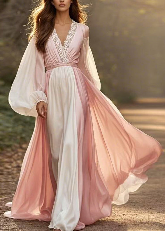 Plus Size Colorblock V Neck Patchwork Chiffon Dress Lantern Sleeve