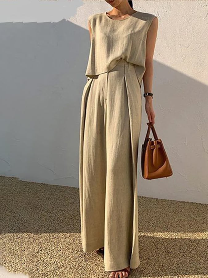 Spring And Summer New Cotton And Linen Fashion Casual Loose Two -Piece Sleeveless Top Loose Wide -Leg Pants Women's Models