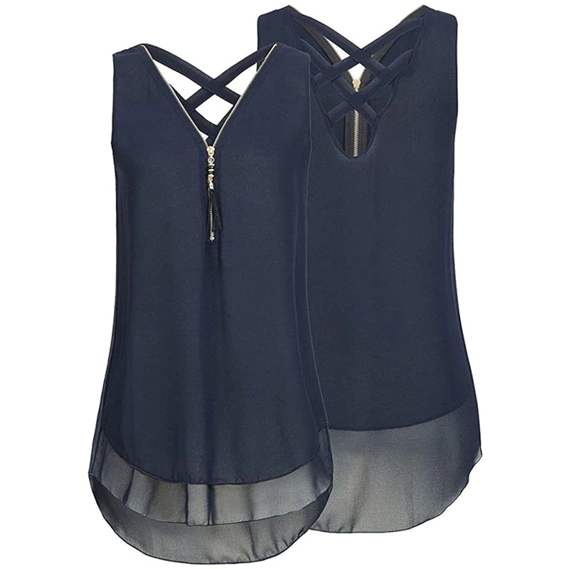V-Neck Sleeveless Cross Strap Loose Chiffon Shirt Tank
