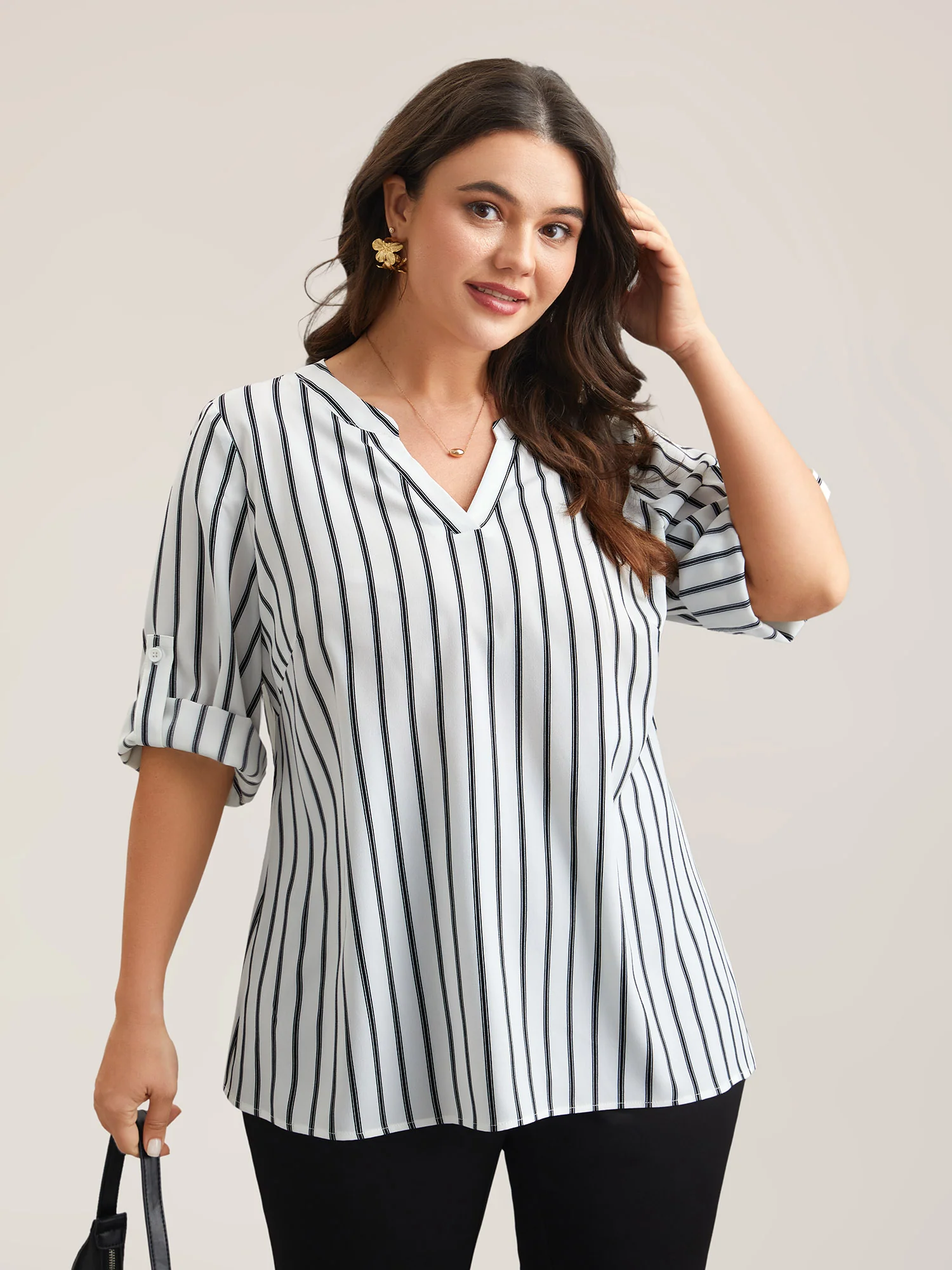 Notched Collar Striped Tab Sleeve Shirt