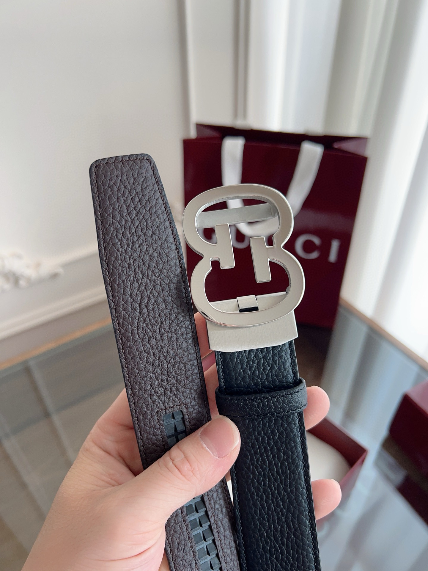 Gucci automatic smooth buckle double-sided cowhide belt width 3.5cm