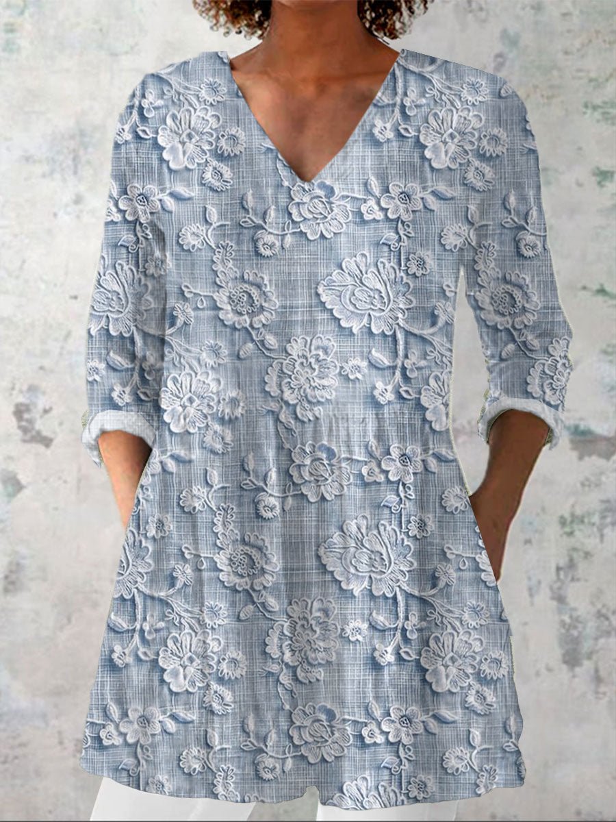 Women's Cotton And Linen Embroidered Printed V-Neck Stitching Top
