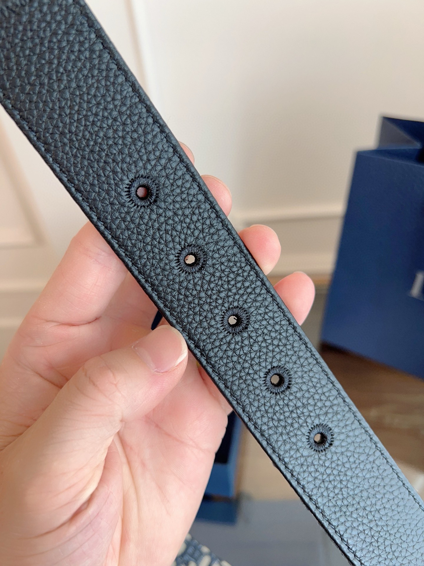 Dior Oblique Blue Cloth Black Cowhide Leather Strap 3.5cm Wide