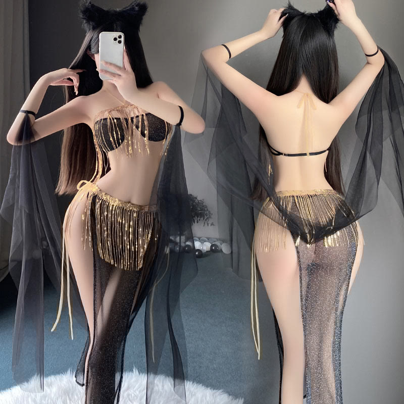 Sexy Sequins Decoration See-through Lingerie Set