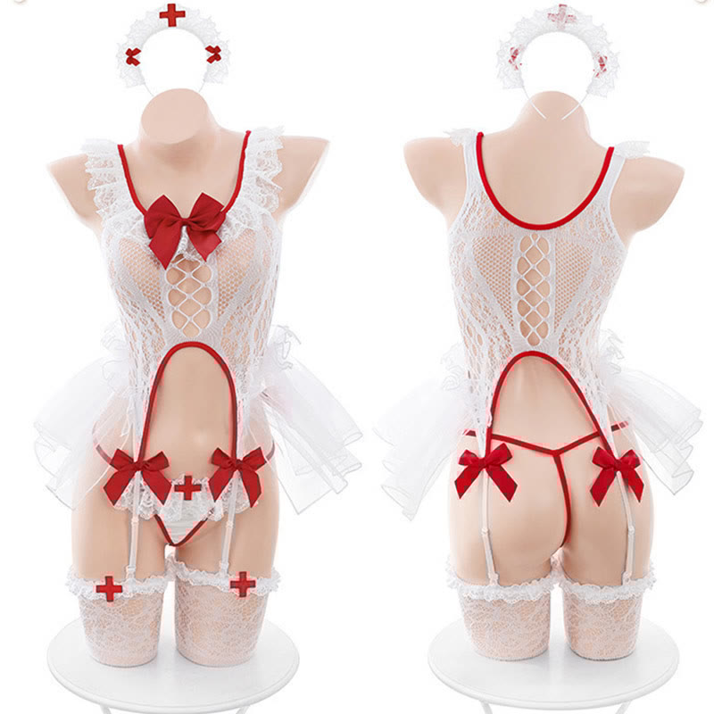 Cosplay Nurse Sexy Bowknot Lace Hollow Lingerie Jumpsuit With Stockings