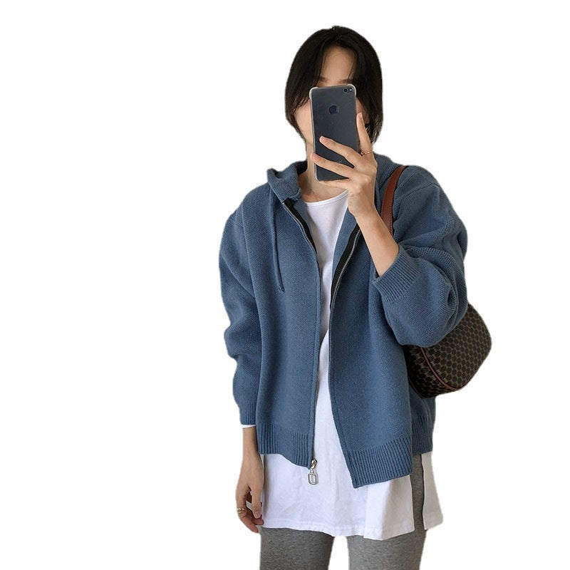 Elegant Hooded Knitted Coat – Loose Short Sweater