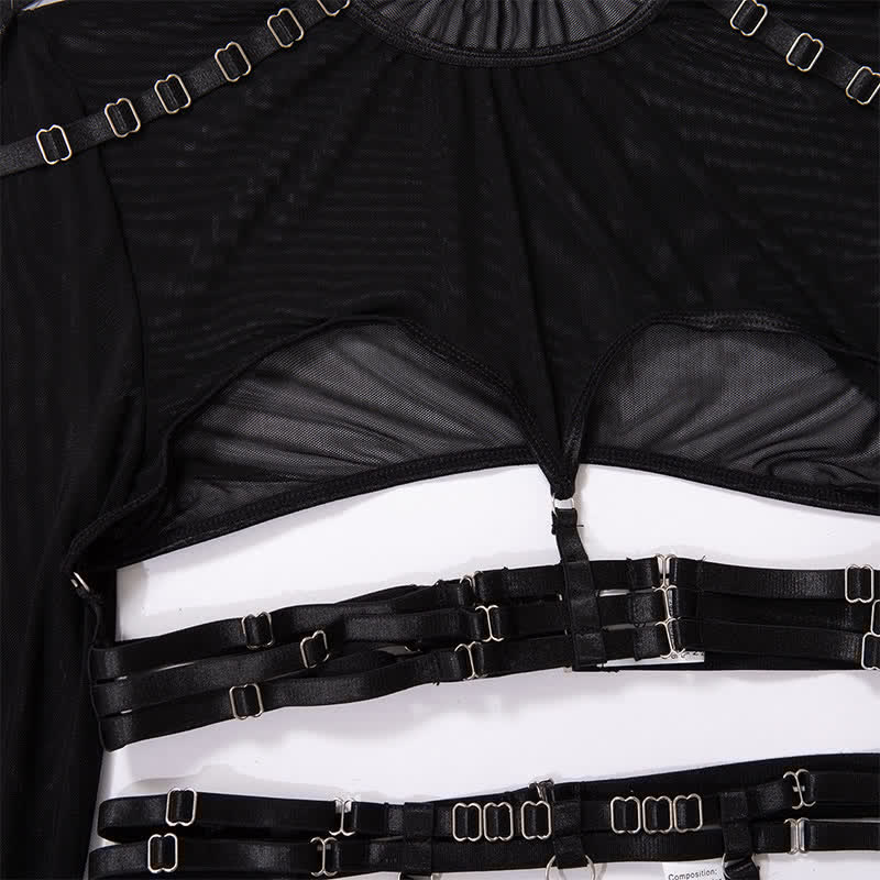 Sexy Hollow Out Mesh Long Sleeve Bondage Tops Set