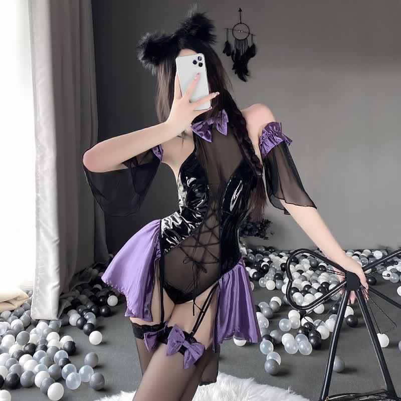 Bow Knot Lace Up Ruffled Splice PU Jumpsuit Lingerie